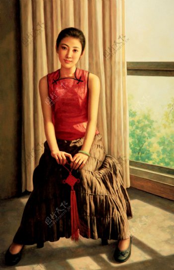 拿中国结的女孩肖像油画图片