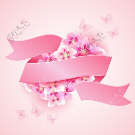 粉樱花粉丝带与粉蝴蝶