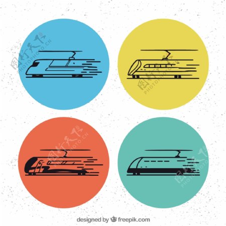 四个彩色圆圈与抽象的火车图标