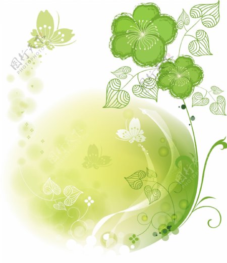 时尚绿色蝴蝶花背景