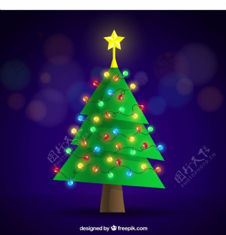 平面圣诞树有彩灯装饰