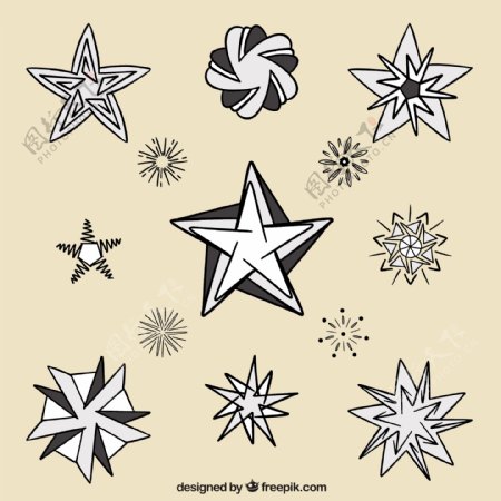 手工绘制的星星在不同形状的集合