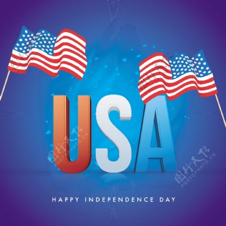 美国3D文本与飘扬的旗帜在闪亮的蓝色背景为快乐的独立日庆祝活动