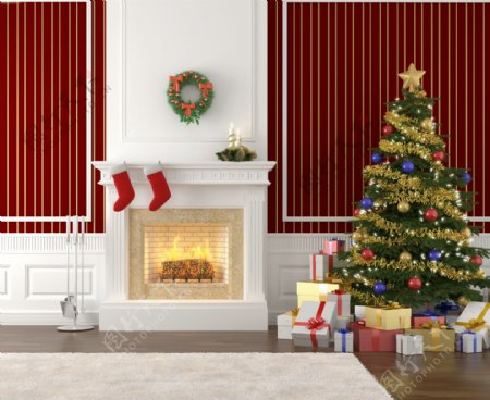 壁炉挂毯和圣诞树图片
