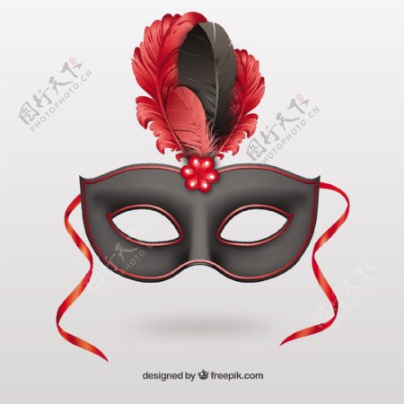 红色羽毛的黑色狂欢面具