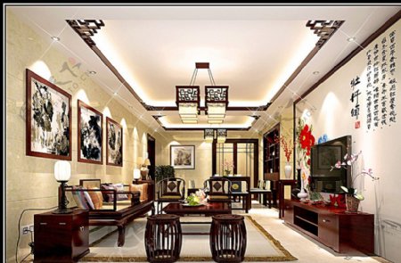 现代中式客厅红木家具中式电视背图片