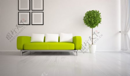 绿色沙发盆栽客厅效果图图片