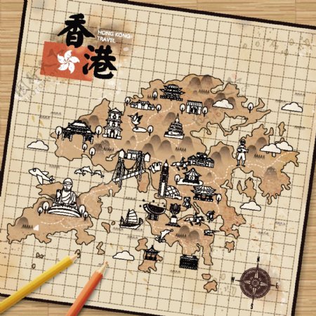 香港手绘矢量平面扁平地图