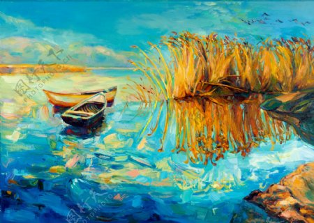 湖泊小船风景油画