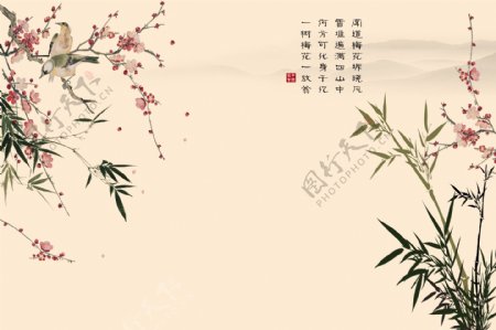 竹子装饰花卉背景墙