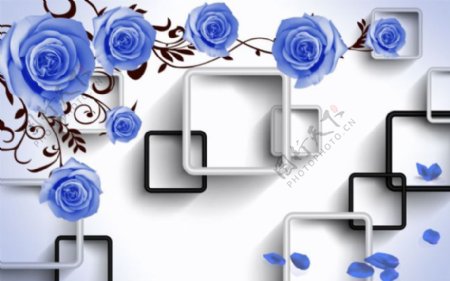蓝色玫瑰黑白方框3D背景墙
