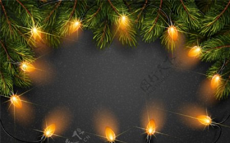 圣诞松枝和彩灯背景矢量图