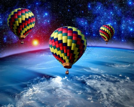 热气球与宇宙风景