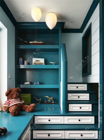 美式儿童室内蓝色柜子设计图