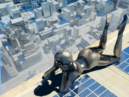 趴着俯瞰城市风光的3D机器人图片