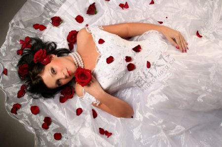 穿着白色婚纱的外国新娘和玫瑰图片