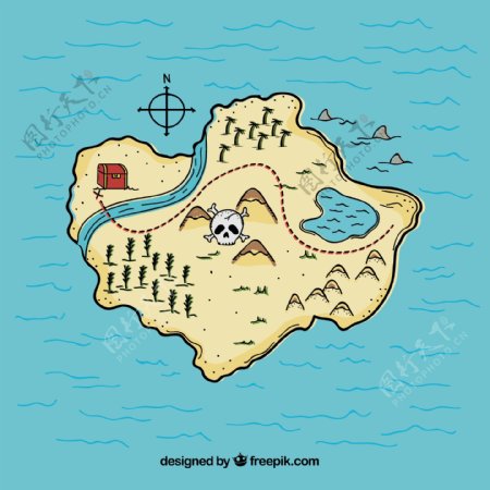 手绘海岛背景海盗宝藏图