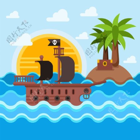 海盗船和小岛扁平风格背景