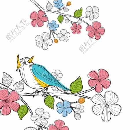创意春季粉色花枝上的彩色鸟矢量图