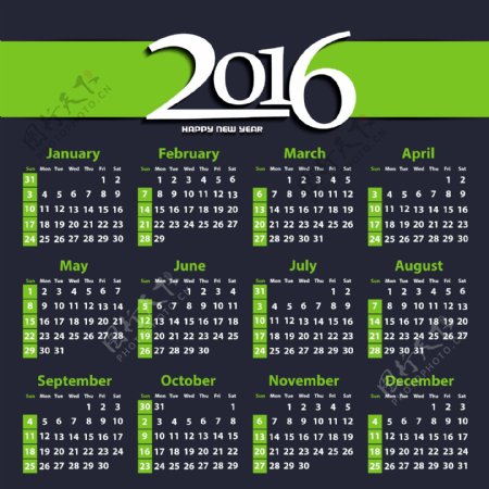 2016年绿色色调年历模板图片