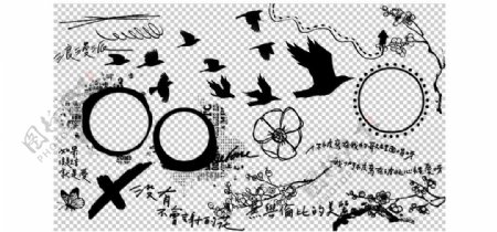 手绘梅花鸟类和中文装饰PS笔刷