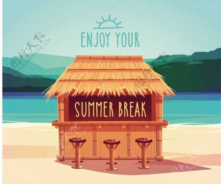 夏季沙滩茅草屋海报图片