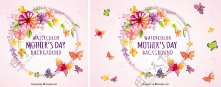水彩背景与母亲节的花和蝴蝶