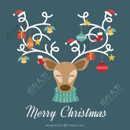 圣诞快乐圣诞背景与驯鹿圣诞饰品