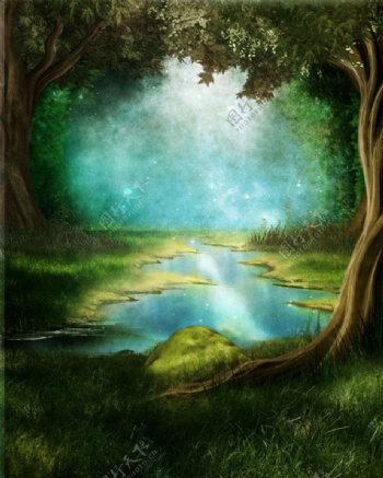 湖水光斑树林背景图片