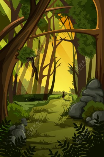 绿色森林里的小路插画