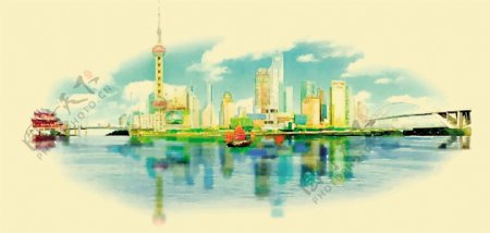 上海风景水彩画矢量素材下载