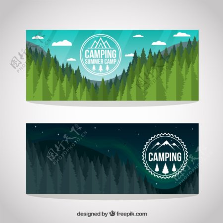 野营森林白天和晚上风景banner矢量素材