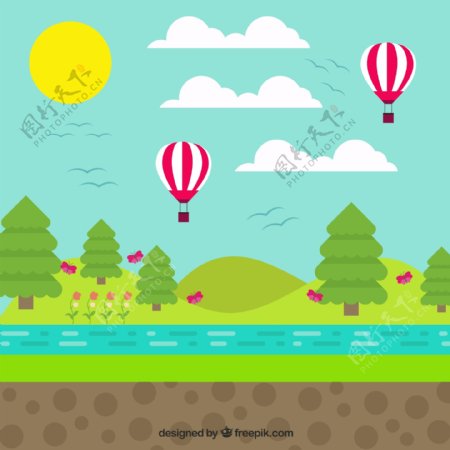 创意郊外热气球和河边风景矢量素材