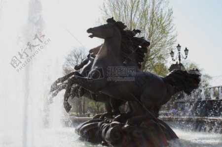 喷泉中的黑马雕塑