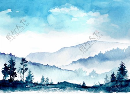 水彩绘美丽的山林风景插画