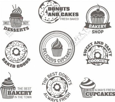 食甜可口甜点甜甜圈和蛋糕的标签集合分离的矢量插画
