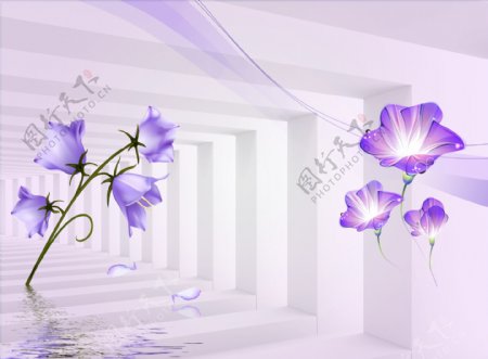 中式大方紫色花朵背景电视墙