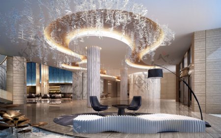 现代时尚异形水晶灯酒店大厅工装装修效果图