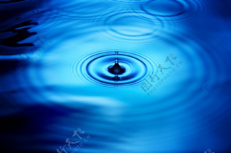 蓝色水面上滴落的水滴和涟漪