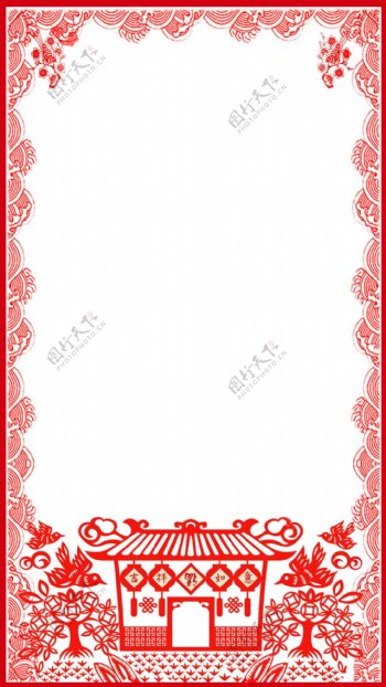 手绘红色花纹边框新春H5背景素材