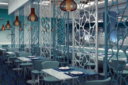 蓝色地中海大气简约风格空间餐厅效果图设计