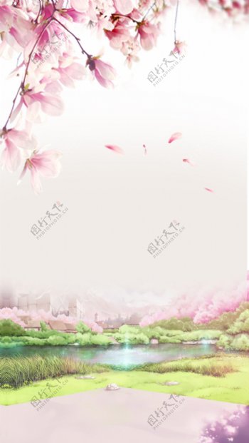 粉色桃花绿色草地H5背景素材