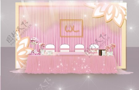 粉金色婚礼婚庆签到台莲花元素甜品台