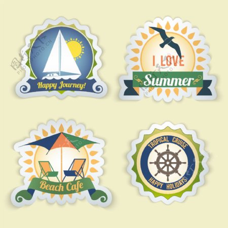 夏日大海复古度假愉快旅程海滩咖啡馆热带巡航标志集孤立矢量插图