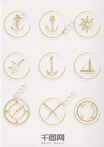 航海帆船元素复古金色线性印章