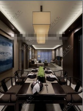中式咖啡色家具客餐厅效果图