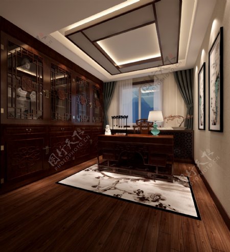中式古典家具书房泼墨地毯室内装修效果图