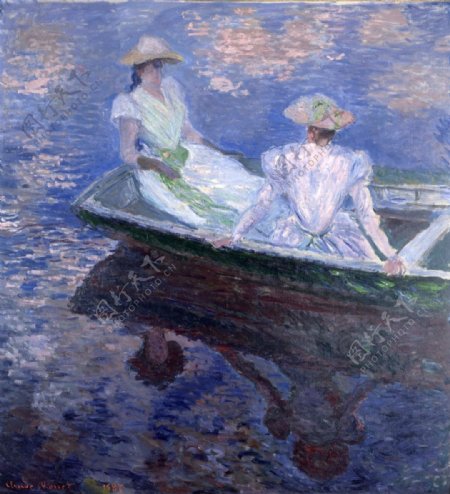 湖泊上约会的男女油画