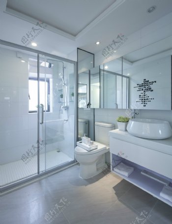 现代简约室内卫生间淋浴房洗手台面效果图