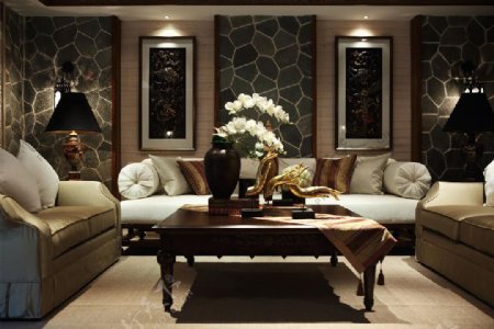 中式奢华墨绿色花纹挂饰客厅室内装修效果图